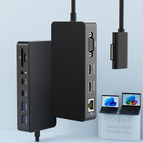 Microsoft Surface Dock Triple Display with Power Supply, 12-in-1 Surface Pro Docking Station Dual 4K HDMI + VGA for Surface Pro 9/8/X/7/6/5/4/3, Surface Laptop go/5/4/3/2/1, Surface Book 3/2/1