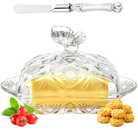 Glass Butter Dish, Butter Keeper Butter Holder with Stainless Steel Butter Knife Butter Container with Crystal Covered Lid for Cream Cheese Cake Salad Candy Foods