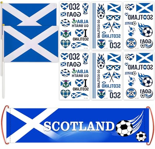 World Cup Football 2026 Set 9Pcs Scotland Flag Soccer Banner World Cup Decor with Scotland Stickers Scottish Hand flag Party Decorations Football Matches for Fans