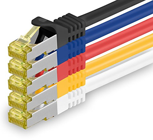 1aTTack.de CAT 7 LAN Kabel 5m 10Gbps S/FTP (5 Stück 5 Farben 03) | 1m 2m 3m 5m 7,5m 10m 15m 20m 25m 30m, RJ45 Hochgeschwindigkeit, geschirmtes Ethernet Kabel für Gaming, Modem, Router, PC