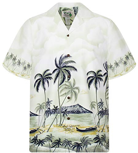 KY‘s | Original Hawaiihemd | Herren | S - 8XL | Kurzarm | Front-Tasche | Hawaii-Print | Strand Palmen Meer | Blau