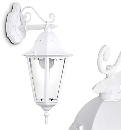 Außenwandleuchte Hongkong, Wandlampe abwärts in antikem Look, Aluguß, Weiß m. Klarglas-Scheiben, Wandleuchte m. E27-Fassung, Retro/Vintage Außenleuchte für Terrasse, Veranda u. Hof, ohne Leuchtmittel