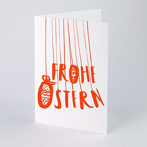 schöne Karte für Ostern: Frohe Ostern (Handlettering: Ulrike Jensen), Klappkarte mit gelborangem Umschlag