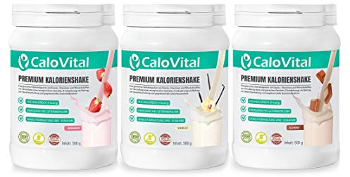 Vollwertiger Mahlzeitenersatz | Kalorien Shake zum zunehmen | mit vielen essentiellen Vitaminen & Mineralstoffen | CaloVital - Premium Qualität aus Deutschland (3er Set Vanille - Erdbeere - Schoko)