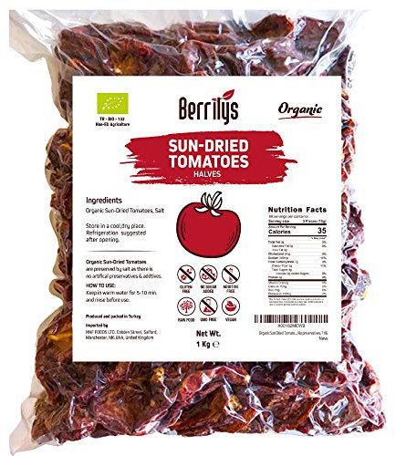 Berrilys Organic Sun-Dried Tomatoes, 1kg, Non-GMO, Gluten-Free, No Sulphur, No Preservatives, Sun Blushed, Dry Tomato with salt, Natural, Ideal for Cooking and salads