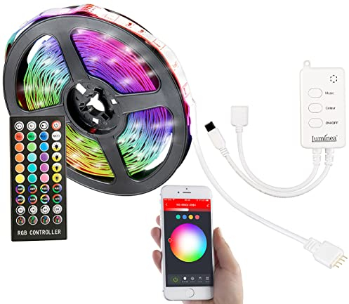 Luminea Home Control LED Lichtstreifen: WLAN-RGB-LED-Streifen mit Sound-Steuerung, App, Sprachsteuerung, 5 m (Glaskantenbeleuchtung, LEDband, Schrankbeleuchtung)