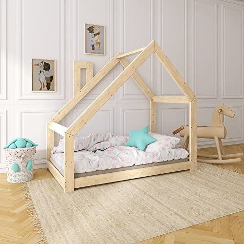 Need Sleep Kinderbett Kinder Hausbett 90x180 Bodentief ohne Rausfallschutz mit Lattenrost Schornstein Kleinkind Bodenbett Haus ab 2 Jahre Montessori Bett aus Holz Mädchen Junge Asymmetrisch