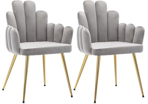 Wahson Esszimmerstühle 2er Set, Samt Polsterstuhl Muschel Sessel Küchenstuhl mit Rückenlehne Eckstuhl für Schlafzimmer Wohnzimmer, Grau