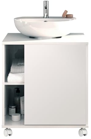 MUEBLES PITARCH | Mueble Bajo Lavabo Armario de Baño 60cm Ancho, con Ruedas, 1 Puerta a Izquierda o Derecha, Blanco, Modelo Sintra