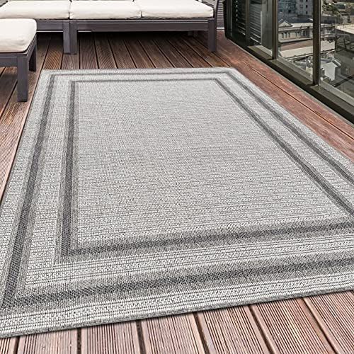 HomebyHome In- & Outdoor Teppich Läufer 60x100 cm, Wetterfest & Robust, Modernes Bordüren-Design in Creme & Grau, Rechteckig für Terrasse, Balkon, Küche, Bad & Wohnzimmer