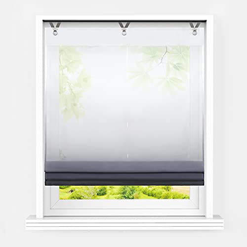 Heichkell Voile Raffrollo ohne Bohren Transparent Raffgardine mit Ösen Farbverlauf Fenstergardine Hakenaufhängung Modern Ösenrollo Vorhänge Schwarz BxH 120x130cm