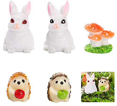 Rolin Roly Miniatur Kaninchen Ornament Mini Igel und Pilz aus Kunstharz, Mikro-Landschaft, Dekoration, Mini-Hase, Figuren für DIY, Haus, Garten, Landschaft, Geschenk, Puppenhaus-Dekoration, 5 Stück
