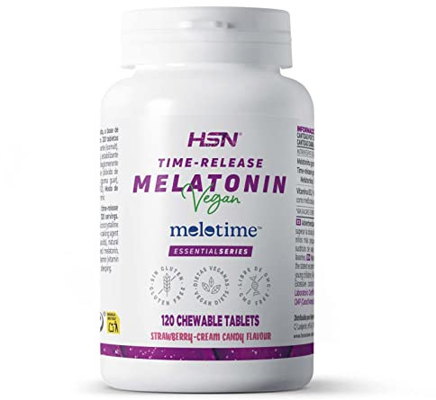 HSN Melatonina 1,9mg de Liberación Prolongada (8 horas) | 120 Tabletas Masticables Sabor Caramelo de Fresa-Nata | La Melatonina contribuye a Aliviar Jet Lag | No-GMO, Vegano, Sin Gluten
