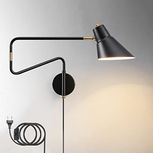 Vintage Metall Wandleuchte Verstellbar Lange Arm Nachttischlampe mit Schalter und Stecker, 360° Drehbare Wandlampe Leselampen mit Kabel, Innen E27 Wandspot für Schlafzimmer Wohnzimmer Büro,Schwarz