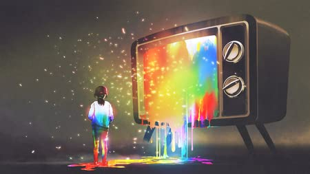 adrium Acryl-Bild 110 x 60 cm: Mädchen verwirrt mit buntem Licht aus dem großen Fernseher, Regenbogenfarbtropfen aus Retro-TV, digitaler Kunststil,(97807765)