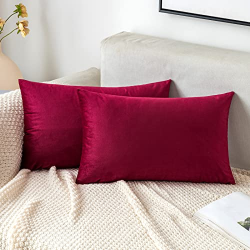 EMEMA Samt Kissenbezug Kissenhülle Dekorative Dekokissen Sofakissen Lendenkissen Wurfkissenbezug mit Verstecktem Reißverschluss Sofa Schlafzimmer 2er Set 30x50 cm Wein Rot