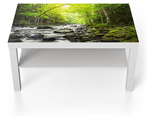 DEQORI Glastisch | weiß groß 90x50 cm | Motiv Steiniges Flussbett | ausgefallener Beistelltisch aus Glas | Hochglanz Couchtisch fürs Wohnzimmer | moderner Couch Tisch mit Design