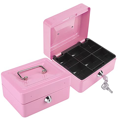 Geldkassette Abschließbar,Tragbare Mini-Geldkassette mit Münzzählbrett, Feuerfeste Wasserdichte Box Mit Schlüsselschloss,Kleine Abschließbare Geldmünzen Sicherheitsbox Mit Griff(Rosa)