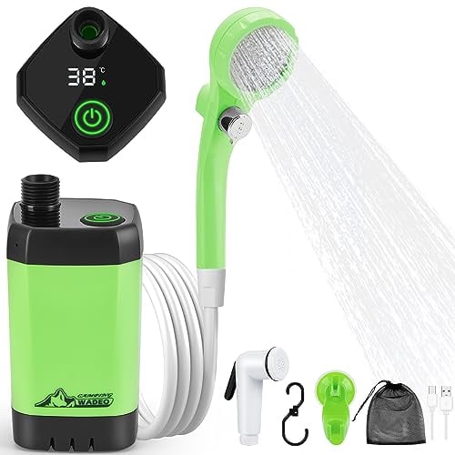 WADEO Tragbare Campingdusche Akku mit Pumpe, Camping Dusche mit wiederaufladbarem 6000-mAh-Akku, Mobile Duschen Außenduschen mit Duschkopf, für Camping Reisen Garten Wandern Autowaschen (Grün, Typ C)