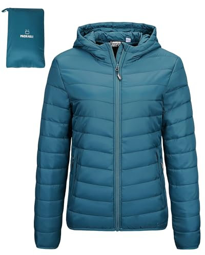 Outdoor Ventures Damen Steppjacke Leichte Packbare Übergangsjacke Warme Winterjacke mit Kapuze für Frauen Gefüttert Pufferjacke mit Taschen für Freizeit Wandern Reisen Keramik Blau M