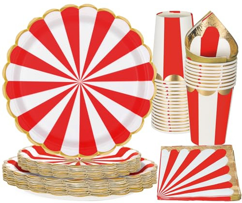 PARTY GO Lot de 96 vaisselle de fête à thème - Rayures rouges et blanches - Pour anniversaire - Pour 24 invités