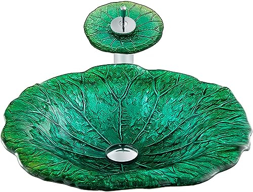 SXLSZ Waschbecken Gehärtetes Glas Waschtisch für Aufsatzwaschbecken Lotusblattform Grün Aufsatz-Waschschale mit Wasserhahn und Pop-up-Abfluss Handwaschbecken