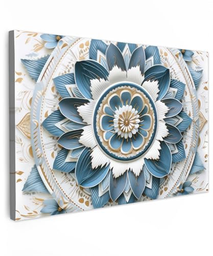 MuchoWow© Leinwände 90x60 cm Wall Decoration Bilder Schlafzimmer Deko Pictures Canvas Painting Wanddekoration Wohnzimmer Mandala - Blau - Weiß - Gold