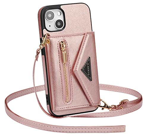 ZCDAYE Hülle für iPhone 15 Pro Max mit Band, Leder iPhone 15 Pro Max Handyhülle Handytasche Kleine Geldbörse Handykette Umhängetasche Case für iPhone 15 Pro Max (6.7 inches), Roségold