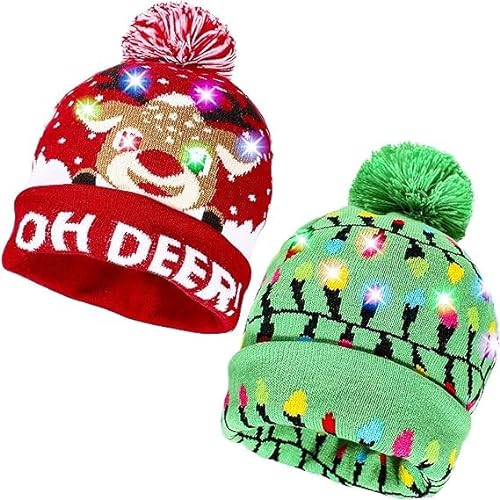 EKKONG Strickmütze,Weihnachtsmützen Plüsch,2 Stück Weihnachten Mütze mit LED Licht, Warme Wintermütze,LED Weihnachten Strickmütze Beanie Hat dekorative Geweih Strickmütze Wintermütze warme Mütze
