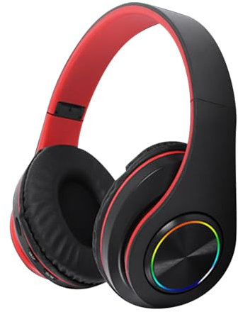 VBESTLIFE Bluetooth Headphones Over Ear with RGB Light, Wireless Foldable Gaming Headset with Deep Bass for Travel Work Cellphone, Support Memory Card (Black Red)