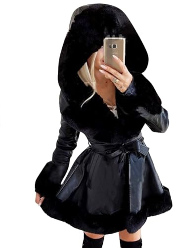ORANDESIGNE Giacca da Donna in Finta Pelle con Colletto in Pelliccia Sintetica e Cintura Linea ad A Cappotti Invernali a Maniche Lunghe Alla Moda Cappotti Invernali Caldi