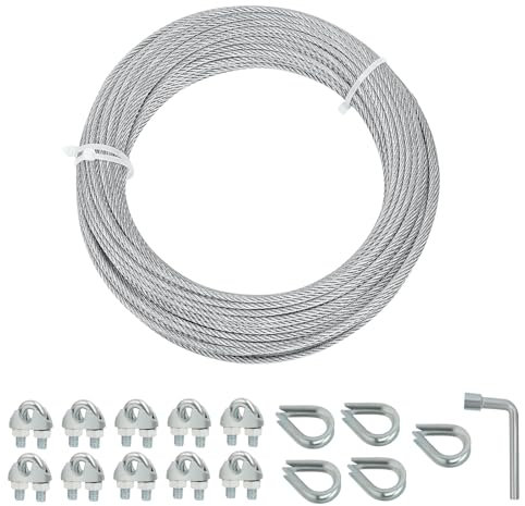 hannger Galvanized Steel Wire Rope Cable, 1/8” Galvanized Steel Cable with Rope Clamp and Thimble, 7X7 Strand Core Aircraft Cable Used for Anchored Shed, Fencing, Sunshade, Clothesline (50ft)