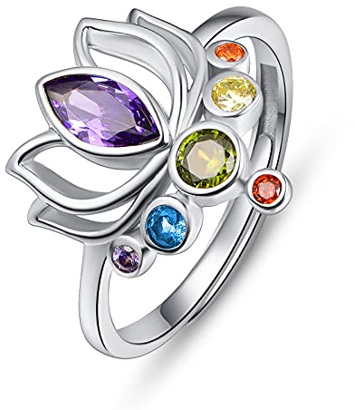 TANGPOET Chakra Ring für Frauen 925 Sterling Silber Verstellbare Daumenring, Lotus Blume Yoga Ring, Inspirierender Schmuck Geschenke für Damen Mädchen, Silber