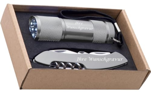 Set bestehend aus Taschenlampe und Taschenmesser mit Gravur / Farbe: silber