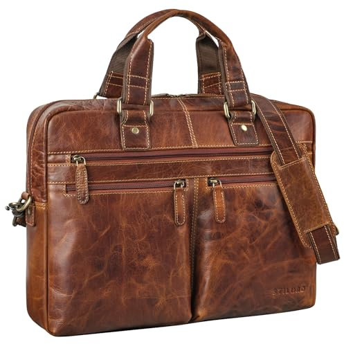 STILORD 'Eugen' Borsa a Tracolla in Pelle con scomparto per laptop 15,6 pollici borsa vintage per ufficio DIN A4 borsa per notebook valigetta business in vera pelle, Colore:cannes - marrone