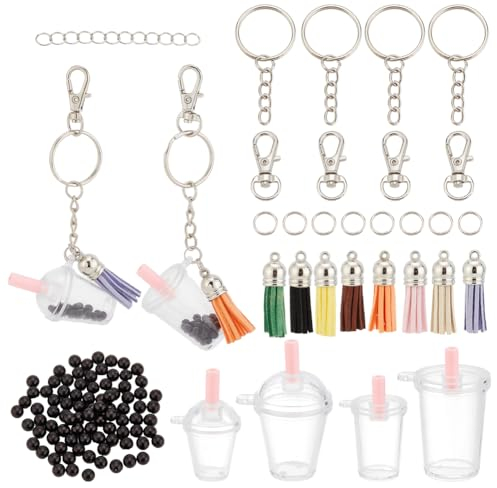 arricraft 176 Pcs Cup Keychain Making Kit, Including Blank Mini Cup Charms Bubble Tea Pendants Black Bubble 8 Colors Tassel Pendants Swivel Clasps Chains for DIY Keychain Decor Making