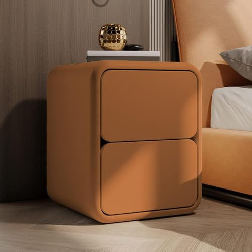 Moderner Nachttisch aus Leder, moderner Nachttisch aus Massivholz mit abgerundeten Ecken und 2 Schubladen für Schlafzimmer, Büro, Wohnzimmermöbel (Farbe: Braun, Größe: 45 x 40 x 47 cm) (Oran