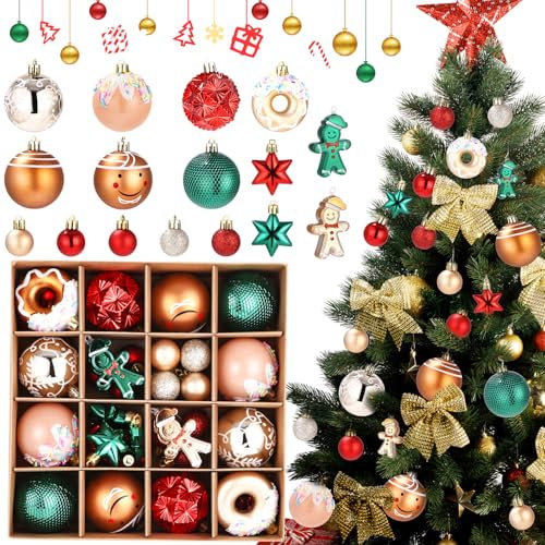 Birshe Christmas Plastic Decorations,42 Pieces Christmas Ball Baubles Christmas Bauble Set Weihnachtsbaumkugeln Christbaumschmuck,Rot,Grün,Gold Geeignet für Weihnachtsfeiern, Weihnachtspartys,Kränze