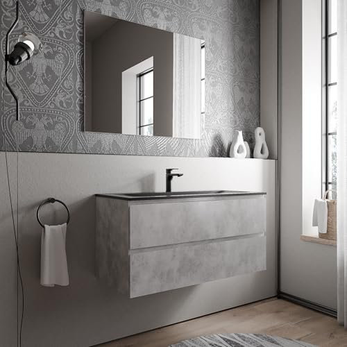 BERNSTEIN Badmöbel-Set Ava 100cm bestehend aus Mineralguss-Waschbecken mit Unterschrank in Beton, Waschtisch CREAM - Schwarz matt mit Hahnloch, Ideal für mittelgroße Bäder und Badezimmer