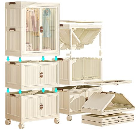 Heikoeco® Kinderkleiderschrank mit Stabiler Kleiderstange, Faltbarer & frei kombinierbarer Kleiderschrank Weiss auf Rollen, Kleiderschrank klein aus hochwertigem PP (65cm breit, 3Fächer)