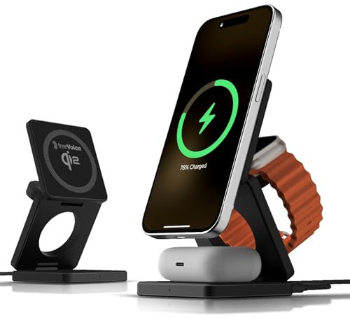 freeVoice Foldable Wireless Charger I Kabelloses Ladegerät 3in1 I Drahtloses Ladegerät für Handy, Smartwatch & Kopfhörer I 15 Watt Schnellladegerät mit QI2 Standard & minimalem Energieverbrauch