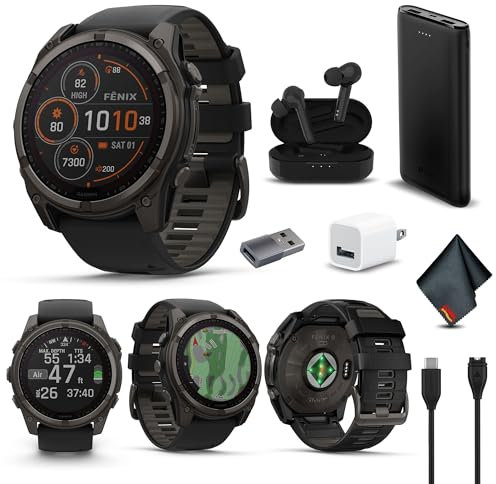 Garmin Fenix 8 51MM Solar Sapphire Multisport GPS Smartwatch Carbon Gray DLC Titanium with Black Gray Silicone Band, Built-in LED Flashlight, Fitness & Health Smart Watch Bundle for Men & Women