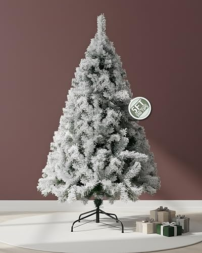 Pelle & Sol 5ft Snow Tipped, Flocked Christmas Tree with 500 Snowy Tips - Artificial Xmas Decorations - Easy Assembly w/Metal Stand, Natural Look Frosted Christmas Tree