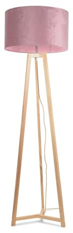 Natural Wood Tripod Floor Lamp with Blush Pink Velvet Drum Lampshade Living Room Light - LED Bulb Included