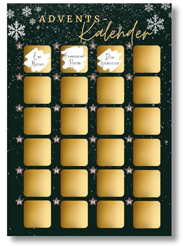 Adventskalender 2024 für Paare zum Rubbeln in DIN A3 - DIY Kalender zum selber Beschriften mit 24 Rubbellose in Gold (Grün)