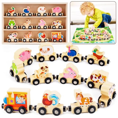 Toys for 1 2 3 Year Old Boys, Wooden Magnetic Train Toys for Boys Girls | 12PCS Educational Toys with Track Mat & Storage Gift Box for Ages 1-3, 1st 2nd Birthday Gifts for 1 2 3 Year Old Boy Girl