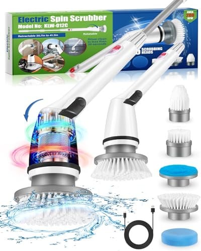 Art Institute Glitter Power Spin Scrubber, Electric Scrubbing Adjustable Stretchable Arm and 5 Replacement Brush Heads, USB Charging for Cleaning Bathroom Bathtub Kitchen Tile Floor, ABS, White