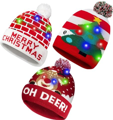 Topzilly Paquete de 3 gorros de Navidad con luces LED acogedoras para niños y adultos, elegantes sombreros de elfo, sombrero de Navidad para bebé, fiestas de invierno (¡Feliz Navidad + árbol de