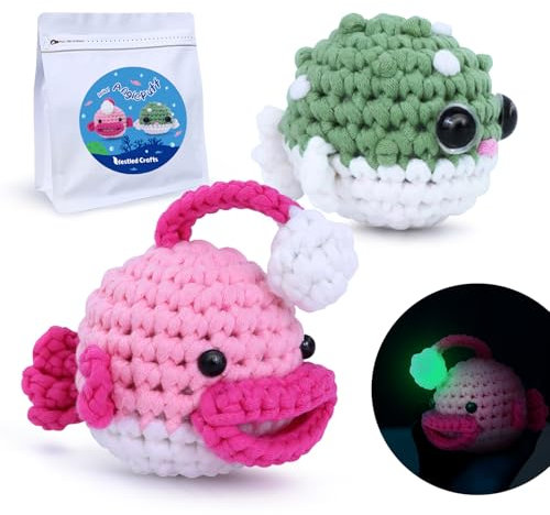 LetCart Kit Complet de Crochet avec Tutoriels Vidéo - Glow-in-The-Dark - Kit pour Débutants avec Lotte et Poisson Boule - Animaux - Pour Enfants