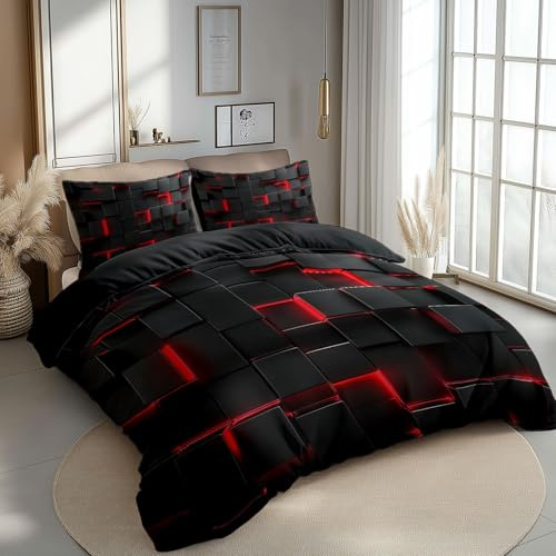 CozyRest Bettbezug Set mit 2 Kissenbezug Dunkelgrau Bettwäsche Set für Jungen Mädchen Teenager, Schwarze und rote Würfel 3D Bettbezug 155 x 220 cm 3-teiliges Set Anti-Pilling Farbecht, Hypoallergen